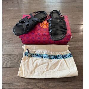 Tory Burch Serif Sandal 9.5 Black Vegan Leather w Box Dust Bag Slingback Sandals